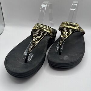 FitFlop Aztek Chada Black Gold Flip Flop Style Sandals 359-001 Womens Sz 10
